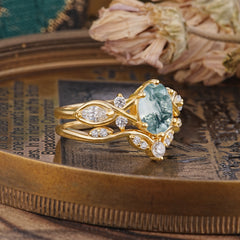 Luxury Oval Cut Moss Agate Engagement Ring