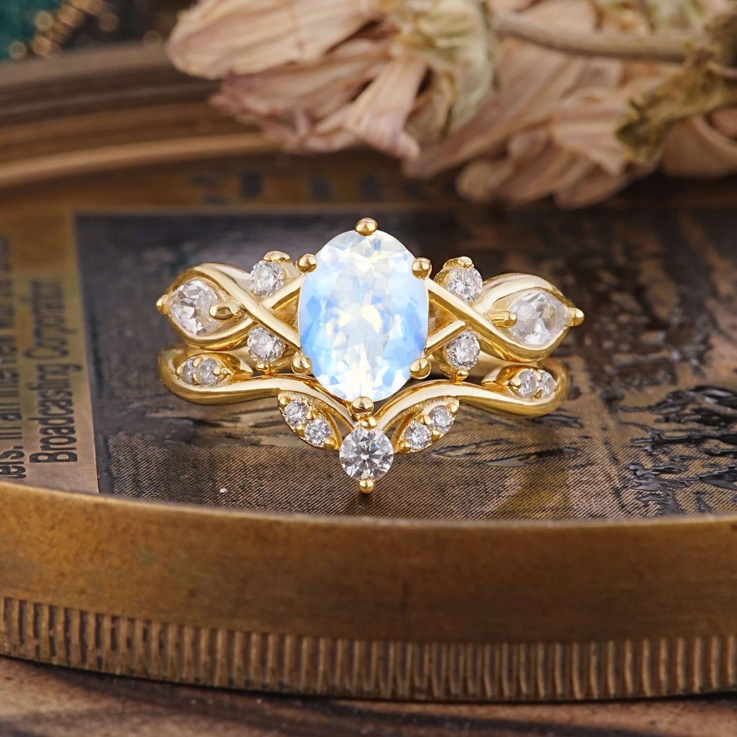 Luxury Oval Cut Moonstone Bridal Ring Set - Romalar Jewelry