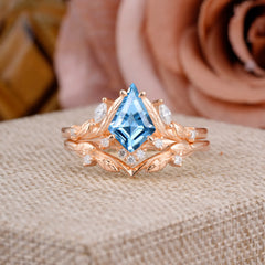 Nature Inspired The Dreamy Kite- Cut Aquamarine with Fantasy Leaf Gold Ring Set