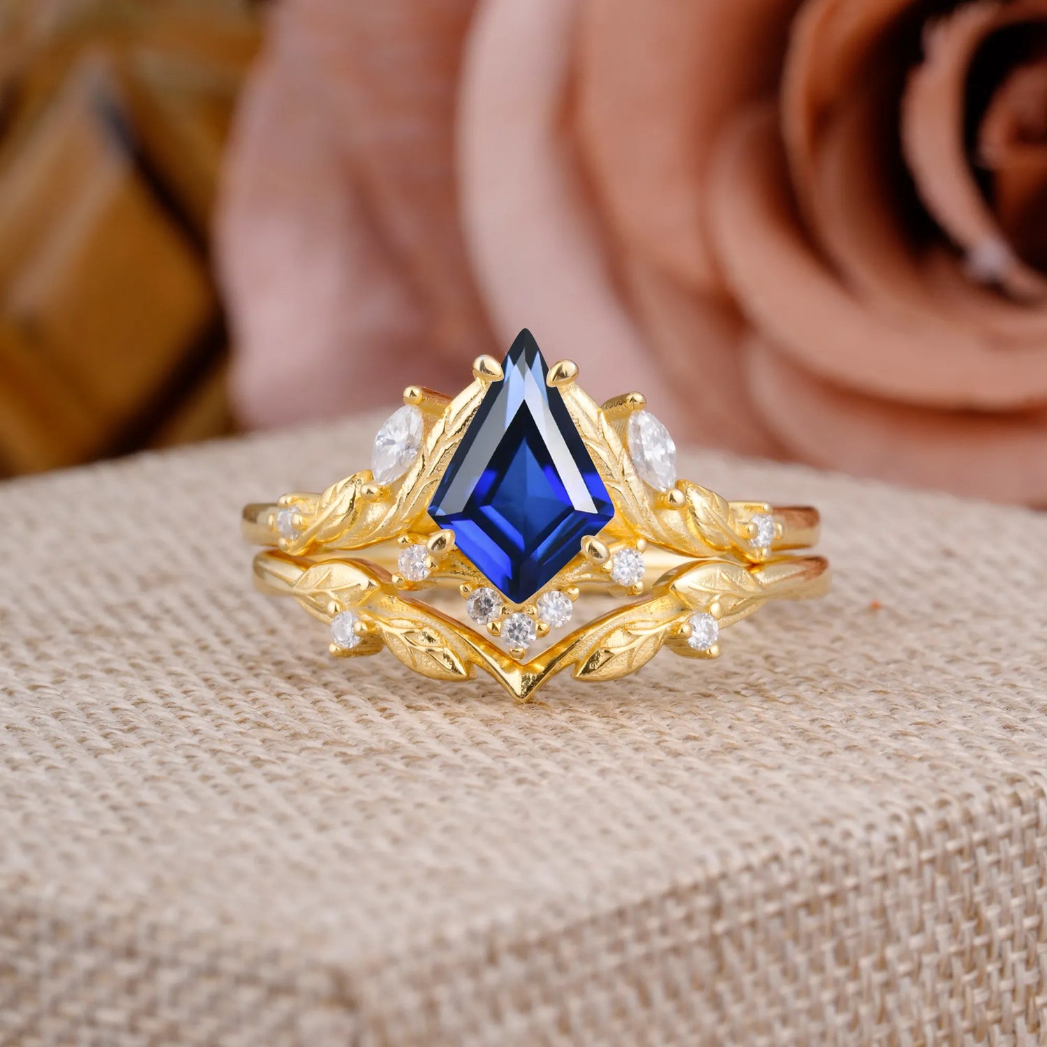 Nature Inspired The Dreamy Kite- Cut Sapphire with Fantasy Leaf Gold Bridal Ring Set