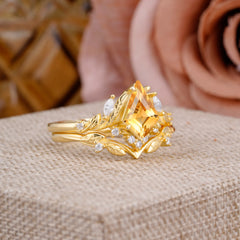 Nature Inspired The Dreamy Kite- Cut Citrine with Fantasy Leaf Gold Ring Set