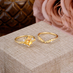 Nature Inspired The Dreamy Kite- Cut Citrine with Fantasy Leaf Gold Ring Set