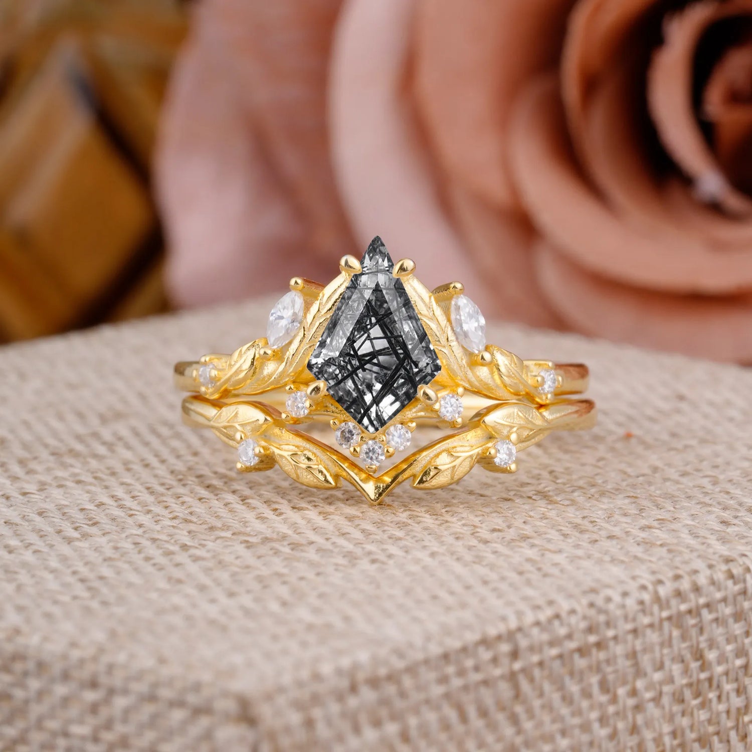 Nature Inspired The Dreamy Kite Cut Black Rutilated Quartz with Fantasy Leaf Gold Bridal Ring Set