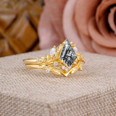 Nature Inspired The Dreamy Kite- Cut Black Rutilated Quartz with Fantasy Leaf Gold Ring Set