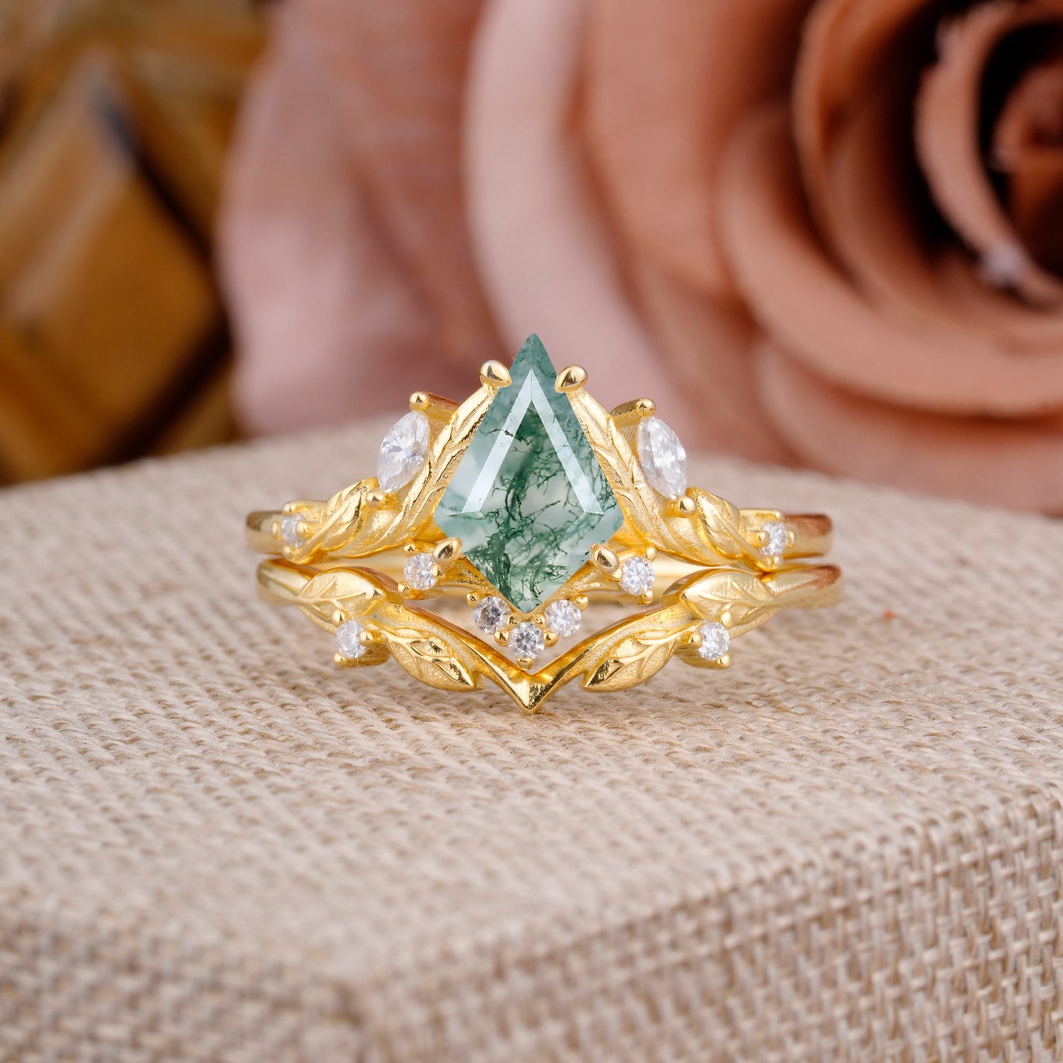 Nature Inspired The Dreamy Kite- Cut Natural Moss Agate with Fantasy Leaf Gold Bridal Ring Set