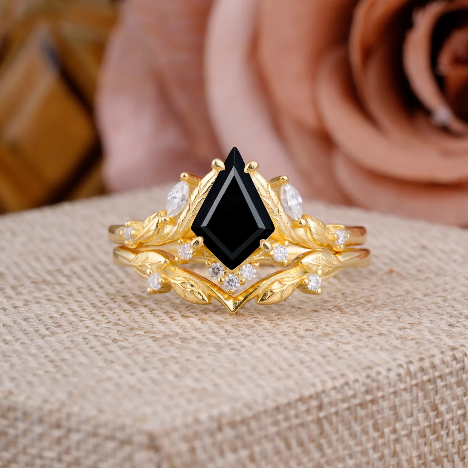 Nature Inspired The Dreamy Kite Cut Black Onyx with Fantasy Leaf Gold Bridal Ring Set