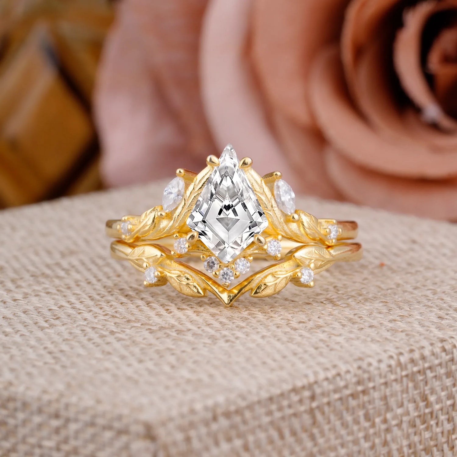 Nature Inspired The Dreamy Kite Cut Lab Diamond with Fantasy Leaf Gold Bridal Ring Set