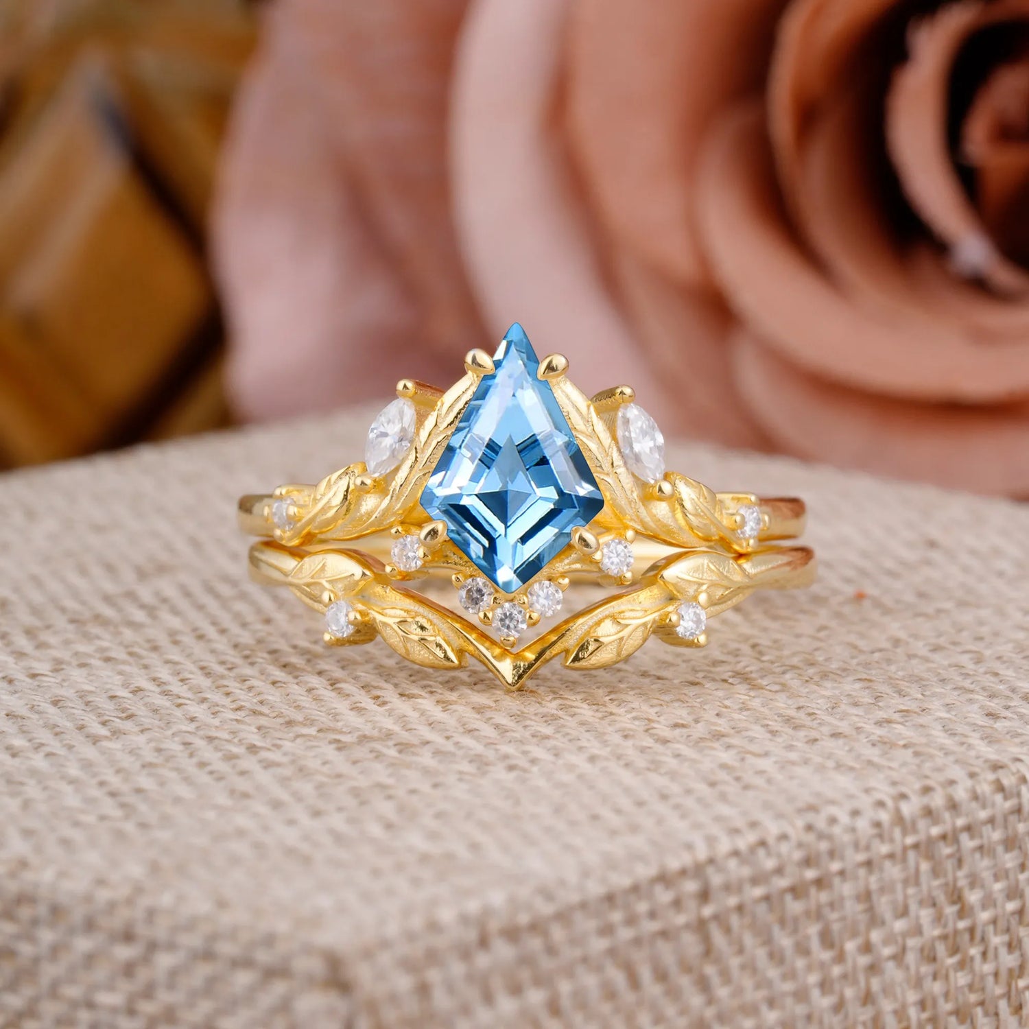 Nature Inspired The Dreamy Kite- Cut Aquamarine with Fantasy Leaf Gold Bridal Ring Set