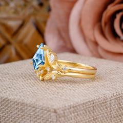 Nature Inspired The Dreamy Kite- Cut Aquamarine with Fantasy Leaf Gold Ring Set