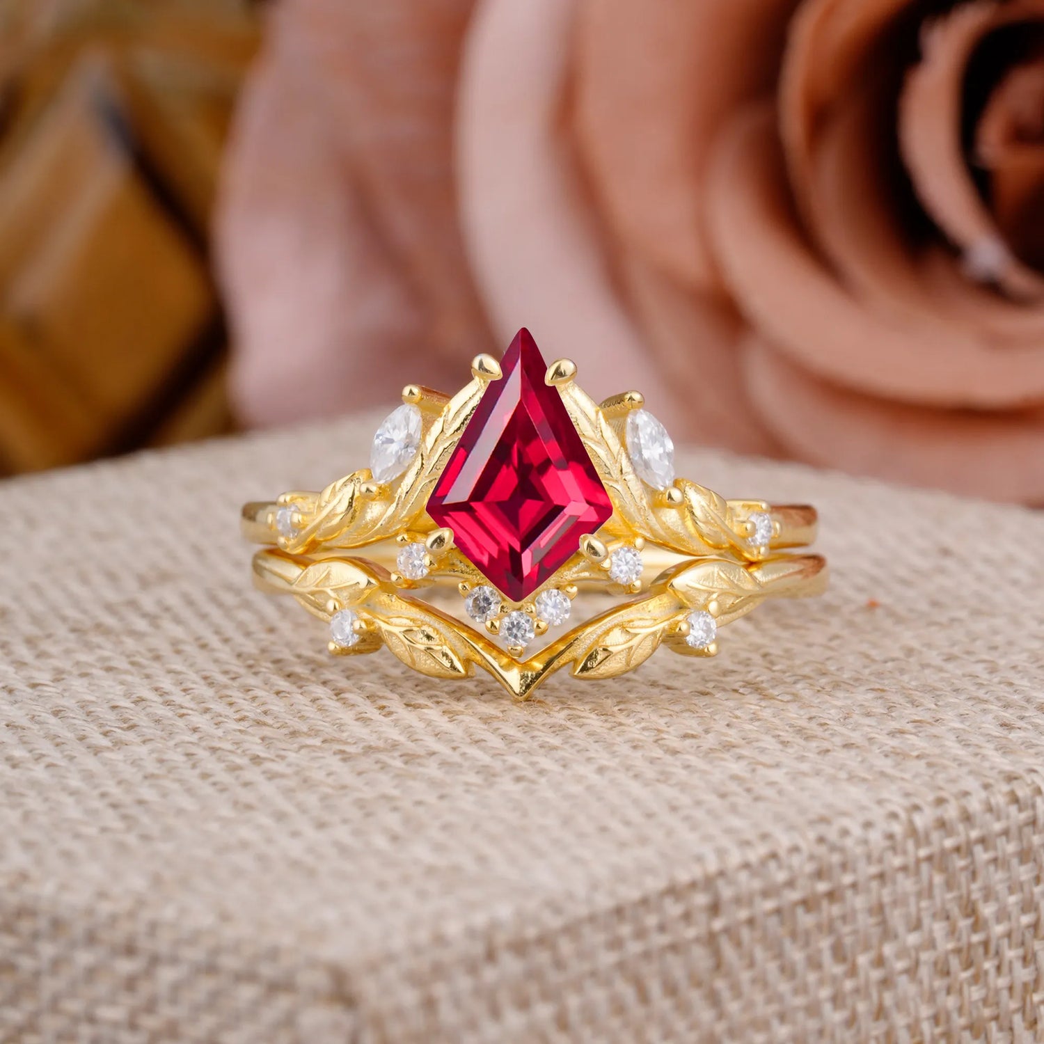 Nature Inspired The Dreamy Kite- Cut Ruby with Fantasy Leaf Gold Bridal Ring Set