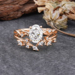 Nature-Inspired Oval Cut Moissanite Engagement Ring Set