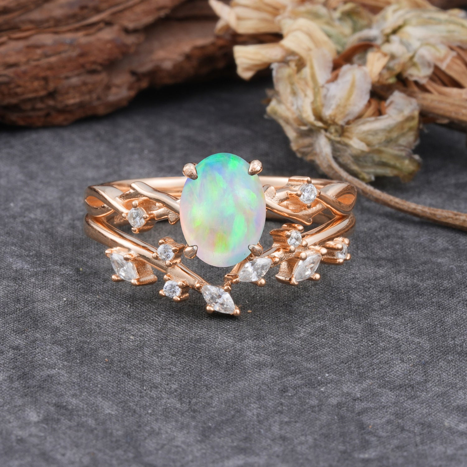 Nature-Inspired Oval Cut 4 Prong Opal Engagement Ring Set