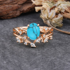 Nature-Inspired Oval Cut 4 Prong Turquoise Engagement Ring Set