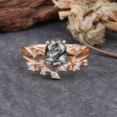 Nature-Inspired Oval Cut 4 Prong Black Rutilated Quartz Engagement Ring Set
