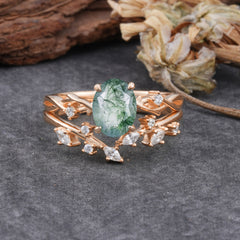 Nature-Inspired Oval Cut Natural Moss Agate Engagement Ring Set