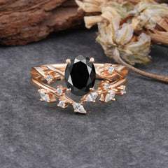 Nature-Inspired Oval Cut 4 Prong Black Onyx Engagement Ring Set