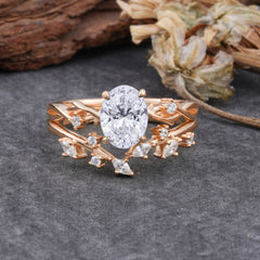 Nature-Inspired Oval Cut 4 Prong Lab Diamond Engagement Ring Set