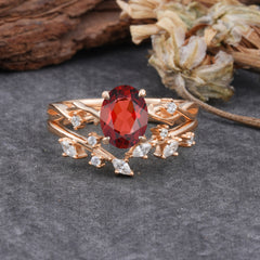 Nature-Inspired Oval Cut 4 Prong Garnet Engagement Ring Set