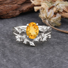 Nature-Inspired Oval Cut 4 Prong Citrine Engagement Ring Set