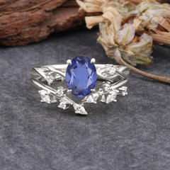Nature-Inspired Oval Cut 4 Prong Tanzanite Engagement Ring Set