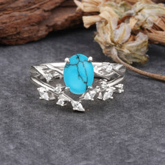 Nature-Inspired Oval Cut 4 Prong Turquoise Engagement Ring Set