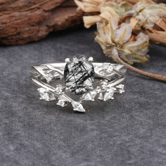 Nature-Inspired Oval Cut 4 Prong Black Rutilated Quartz Engagement Ring Set