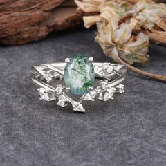 Nature-Inspired Oval Cut Natural Moss Agate Engagement Ring Set