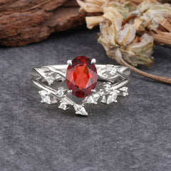Nature-Inspired Oval Cut 4 Prong Garnet Engagement Ring Set
