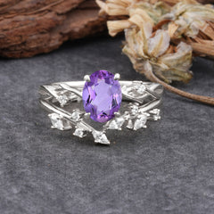 Nature-Inspired Oval Cut 4 Prong Amethyst Engagement Ring Set