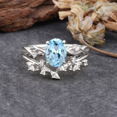 Nature-Inspired Oval Cut 4 Prong Aquamarine Engagement Ring Set
