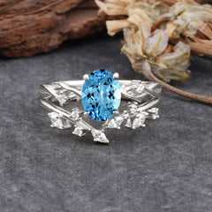 Nature-Inspired Oval Cut 4 Prong Aquamarine Engagement Ring Set