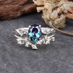 Nature-Inspired Oval Cut 4 Prong Alexandrite Engagement Ring Set