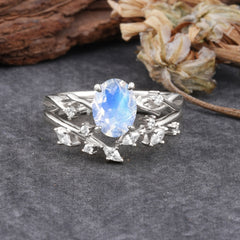 Nature-Inspired Oval Cut 4 Prong Moonstone Engagement Ring Set