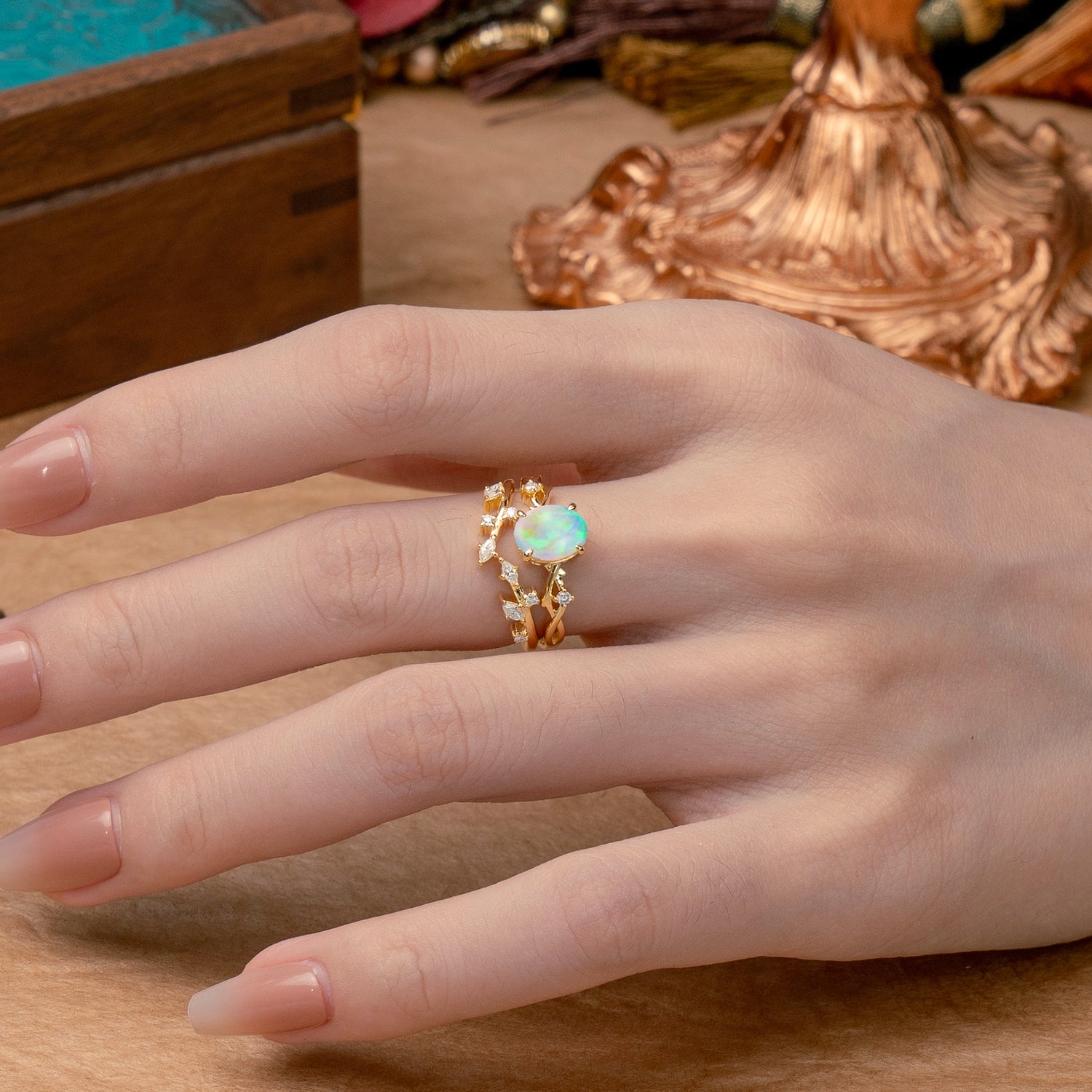 Nature-Inspired Oval Cut 4 Prong Opal Engagement Ring Set