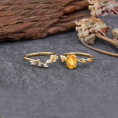 Nature-Inspired Oval Cut 4 Prong Citrine Engagement Ring Set