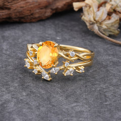 Nature-Inspired Oval Cut 4 Prong Citrine Engagement Ring Set