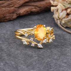Nature-Inspired Oval Cut 4 Prong Citrine Engagement Ring Set