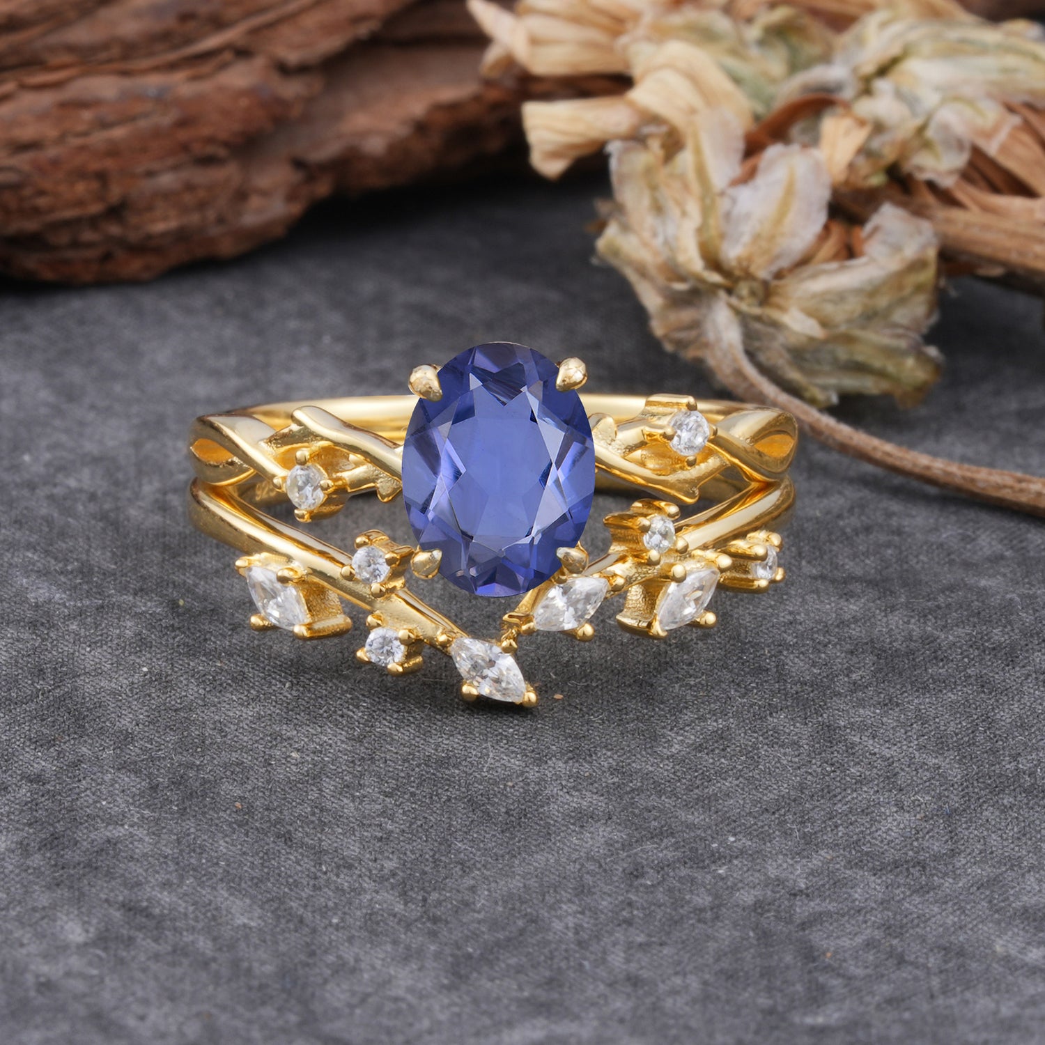 Nature-Inspired Oval Cut 4 Prong Tanzanite Bridal Ring Set