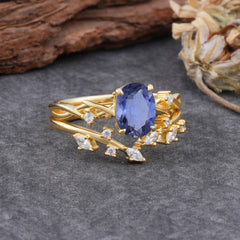 Nature-Inspired Oval Cut 4 Prong Tanzanite Engagement Ring Set