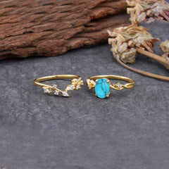 Nature-Inspired Oval Cut 4 Prong Turquoise Engagement Ring Set