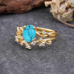 Nature-Inspired Oval Cut 4 Prong Turquoise Engagement Ring Set