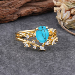 Nature-Inspired Oval Cut 4 Prong Turquoise Engagement Ring Set