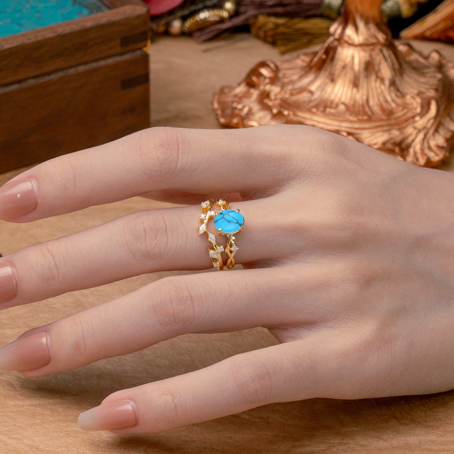 Nature-Inspired Oval Cut 4 Prong Turquoise Engagement Ring Set