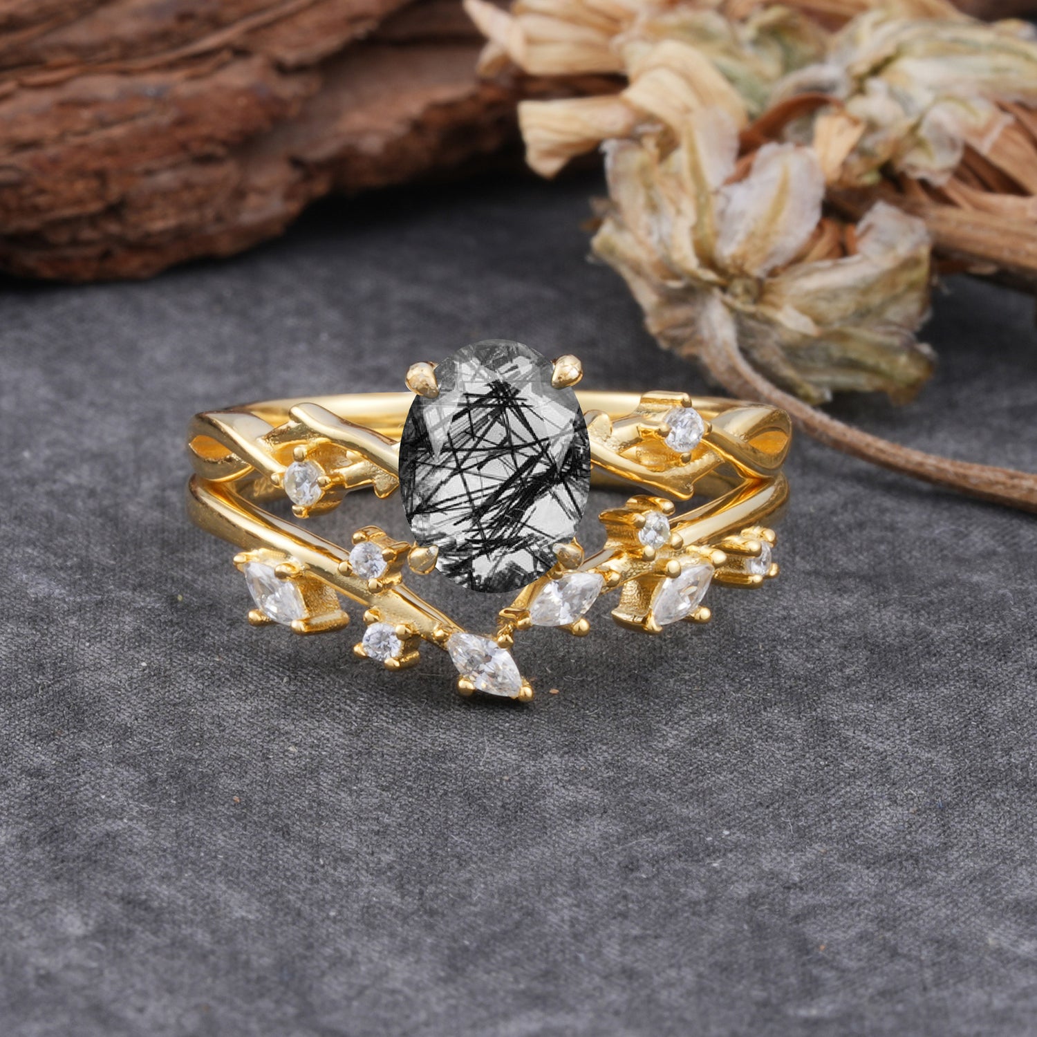 Nature-Inspired Oval Cut 4 Prong Black Rutilated Quartz Bridal Ring Set