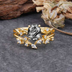 Nature-Inspired Oval Cut 4 Prong Black Rutilated Quartz Engagement Ring Set