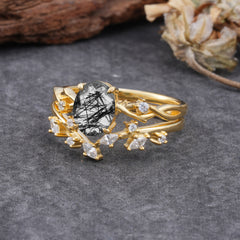 Nature-Inspired Oval Cut 4 Prong Black Rutilated Quartz Engagement Ring Set