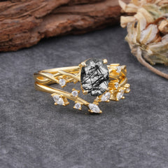 Nature-Inspired Oval Cut 4 Prong Black Rutilated Quartz Engagement Ring Set