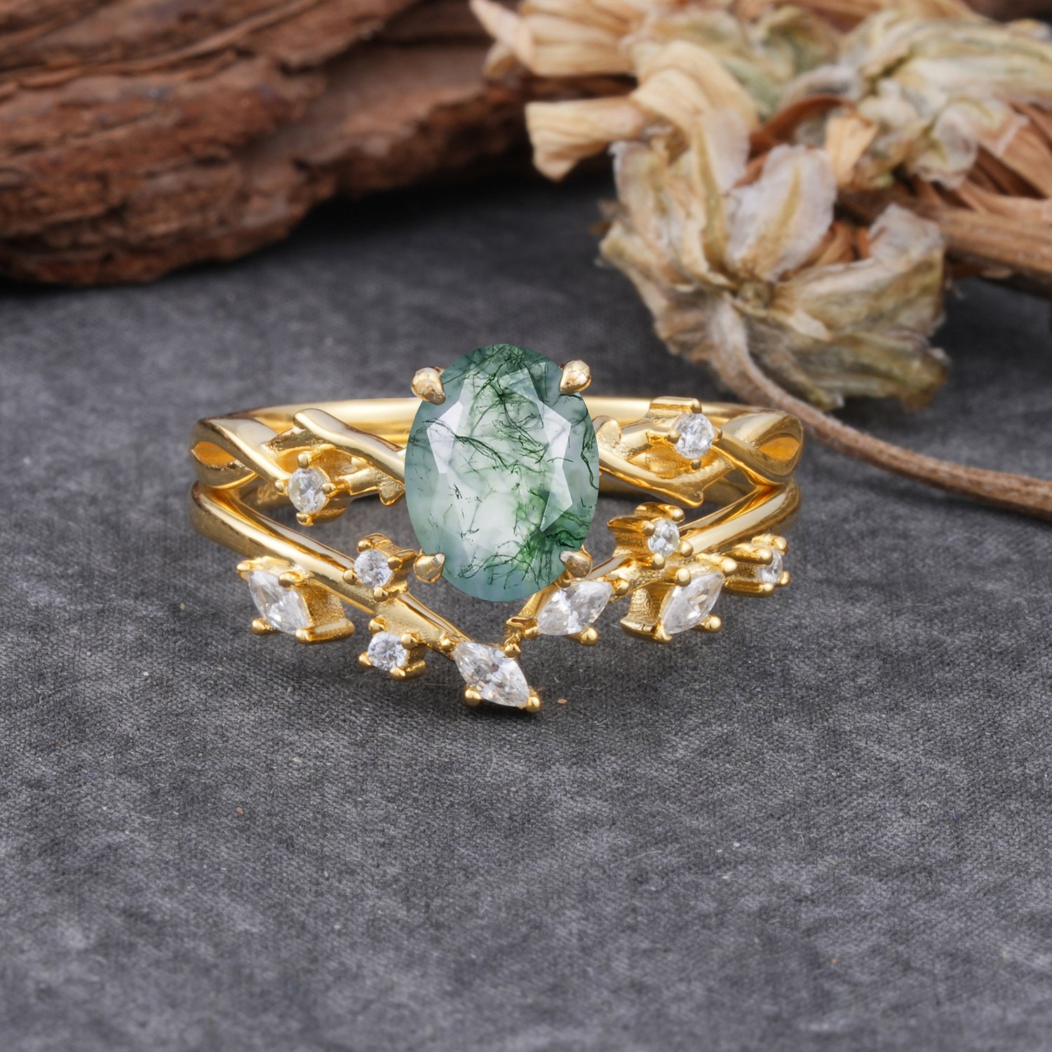Nature-Inspired Oval Cut Natural Moss Agate Engagement Ring Set