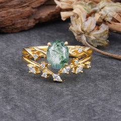 Nature-Inspired Oval Cut Natural Moss Agate Engagement Ring Set