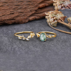 Nature-Inspired Oval Cut Natural Moss Agate Engagement Ring Set
